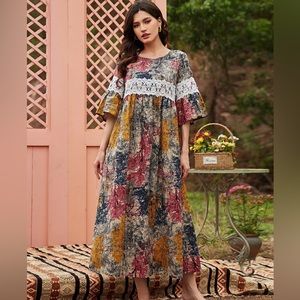 SHEIN lace panel tree print dress